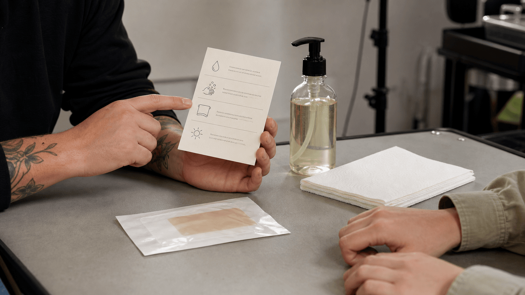 An artist explaining an aftercare routine with a dressing and cleansing supplies