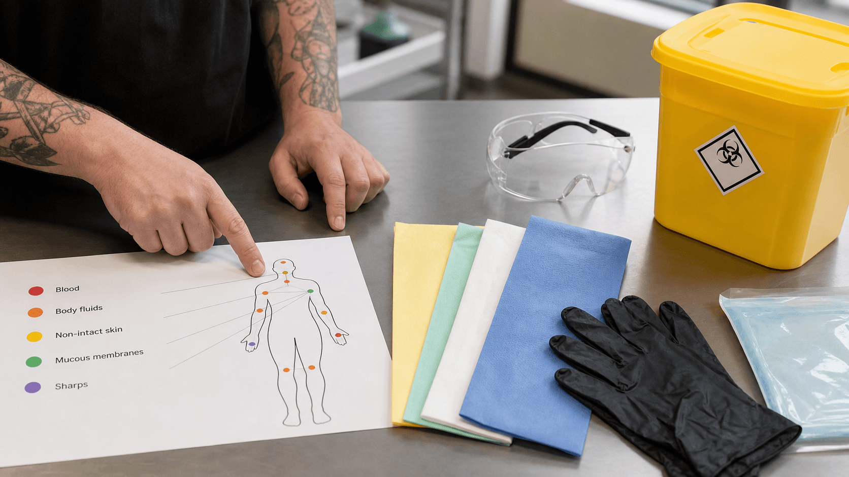 A mentor reviewing bloodborne pathogen routes and protective equipment at a training desk