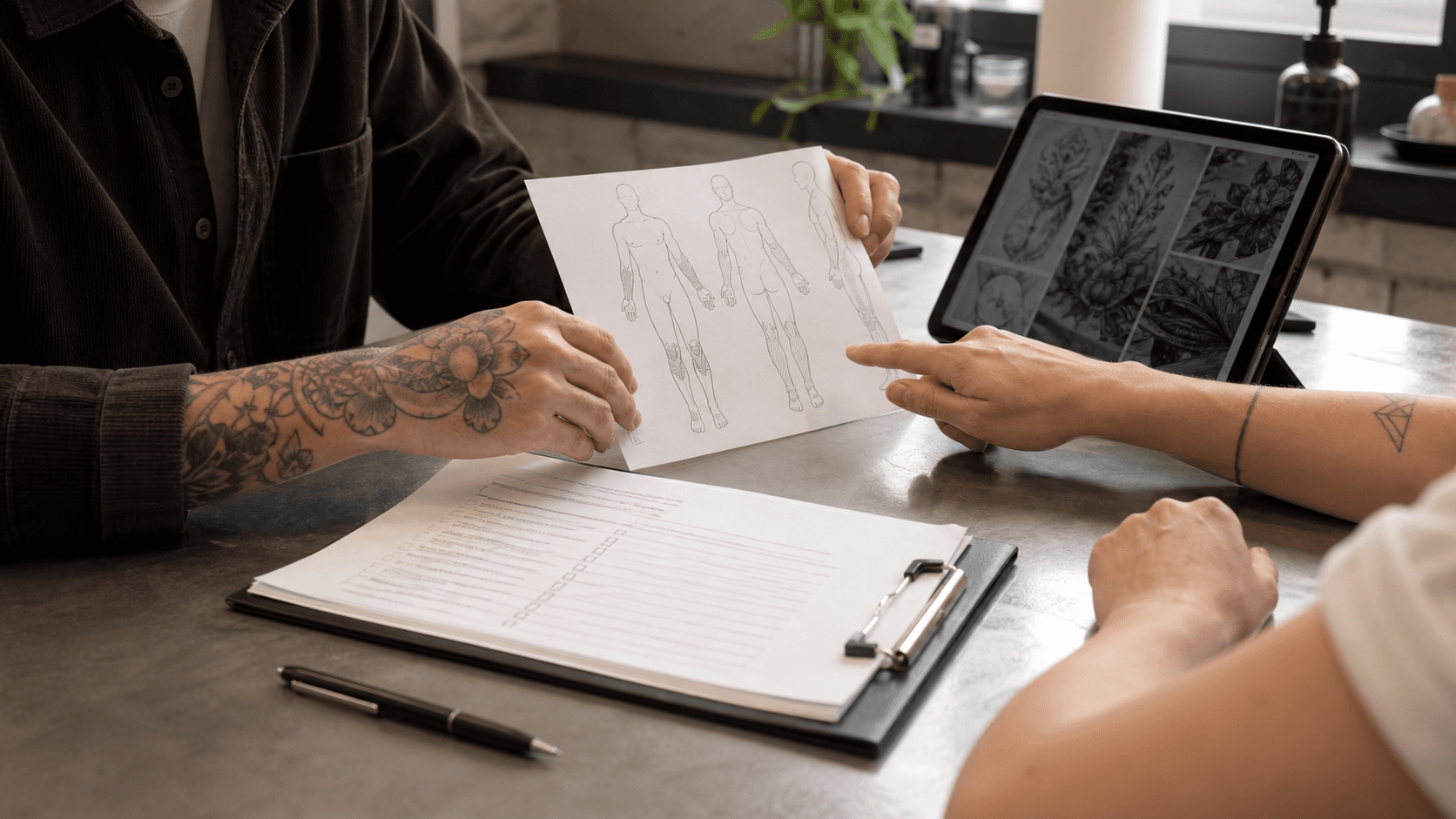 An artist and client reviewing body placement and consent during a professional consultation
