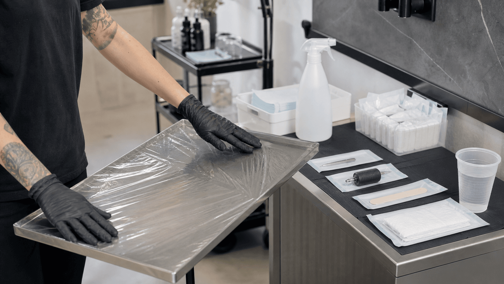 A clean, barrier-protected tattoo workstation prepared for infection prevention