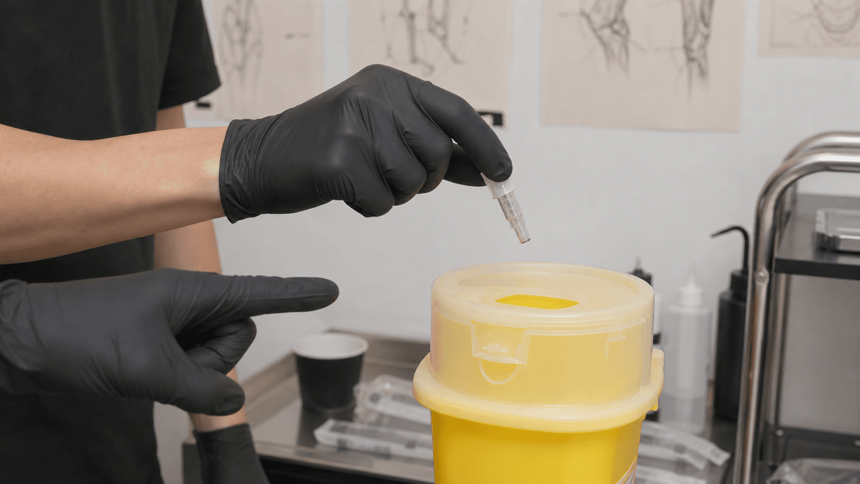 A gloved hand safely placing a cartridge in a sharps container