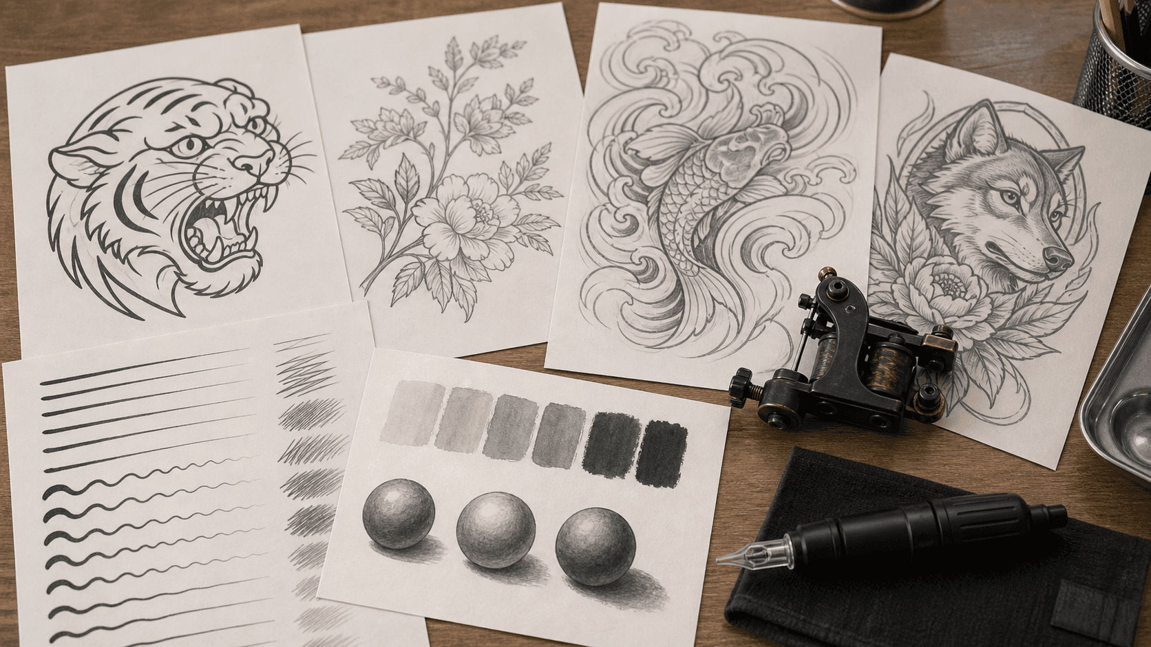 Hand-drawn tattoo style and shading studies beside stored coil and rotary machines